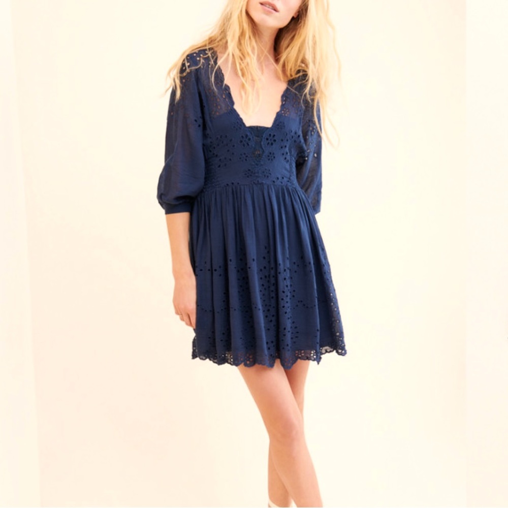 Free People Navy Blue Eyelet Mini Dress